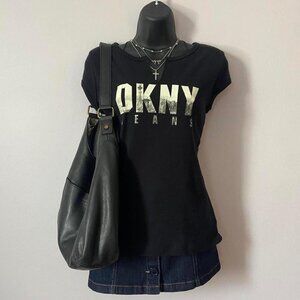 y2k 2000s black cap sleeve DKNY jeans sparkling logo t shirt